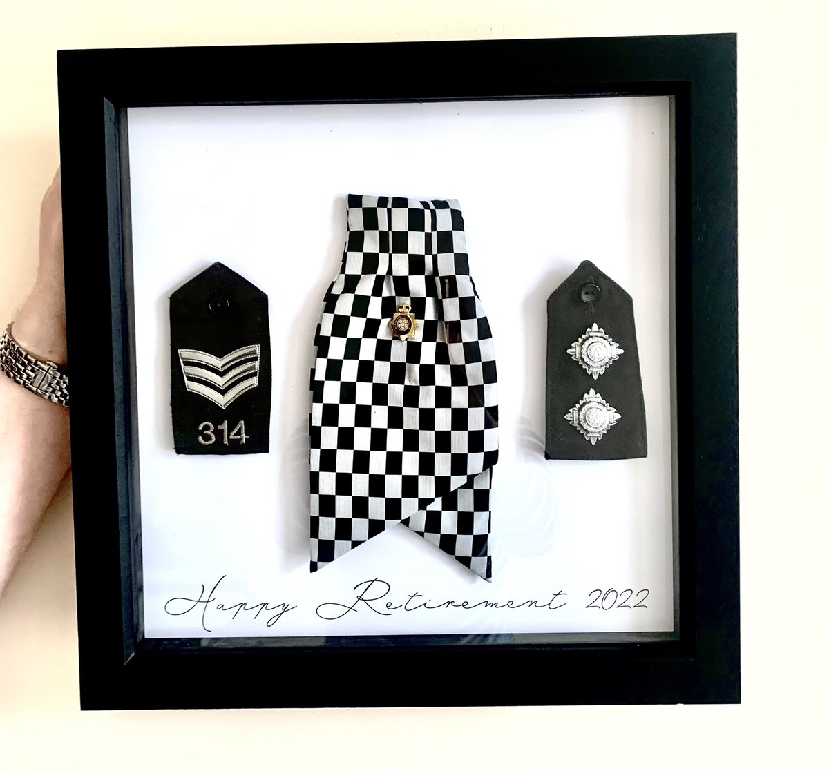 Ellastration_'s tweet photo. I was asked to create a bespoke keepsake for a retiring Inspector. Using the Inspectors epaulettes and cravat, I created a one of a kind piece for her to treasure forever.

 This special keepsake is priced at £50 with free delivery. Please DM me for more information! https://t.co/GCs8nt5qtQ