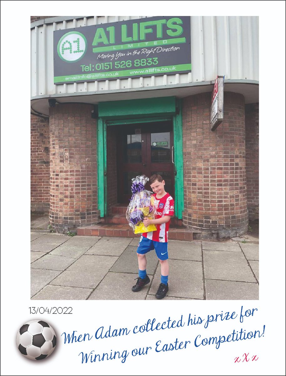 A1Lifts's tweet photo. ***** CONGRATULATIONS ADAM *****
Adam popped into A1 Lifts HQ today &amp; collected his  prize for winning our @EvolutionJnrFC Easter Competition.  We hope you enjoy your hamper Adam, well done! @PeterSimmoYNWA @k222lan @JEvansLFC1 #grassrootsfootball #Easter #COMPETITION ⚽️ https://t.co/QPKACLwKDm