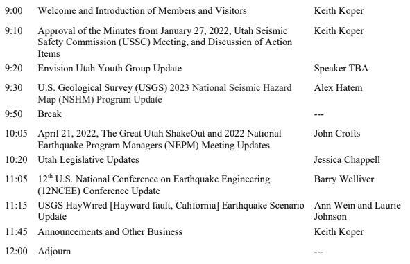 UtahSeismic's tweet photo. (1/3) Our next USSC meeting is this Thursday, April 14 from 9a-12p MST. Presenters include @envision_utah youth group, @USGS_Quakes  with a presentaiton about the Haywired Scenario and an update on the 2023 National Seismic Hazard Map...connection info in thread. https://t.co/So3VTqfkzl