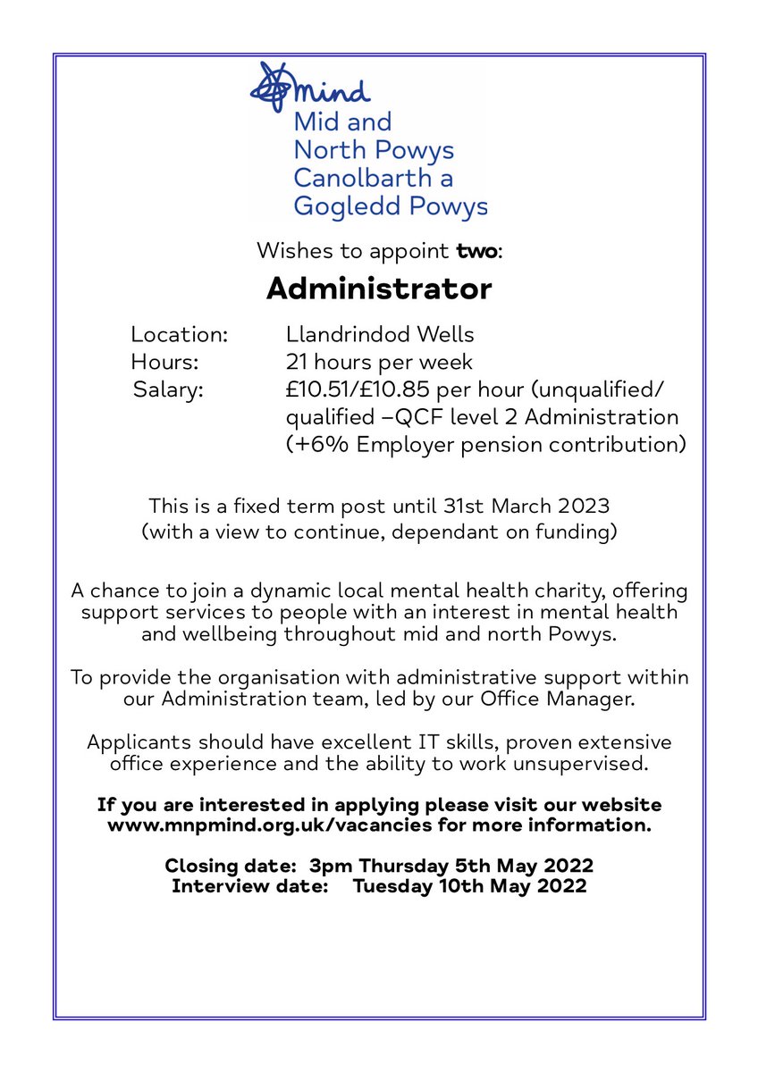 We are hiring!  We are looking for two Administrators. All details are on our website: mnpmind.org.uk/vacancies