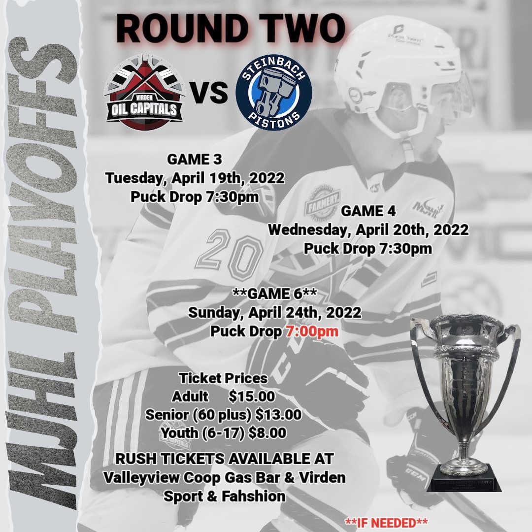 OilCapsHockey's tweet photo. Ticket sales are OPEN for games 3 &amp; 4 at TOGP! You can come to the Oil Caps Office or call the office at 204-748-4848 to purchase your tickets! Rush tickets available at Virden Coop Gas Bar &amp; Virden Sport &amp; Fashion! Tickets for Game 6 will be made available if the game is needed! https://t.co/0HSIyeaGgt