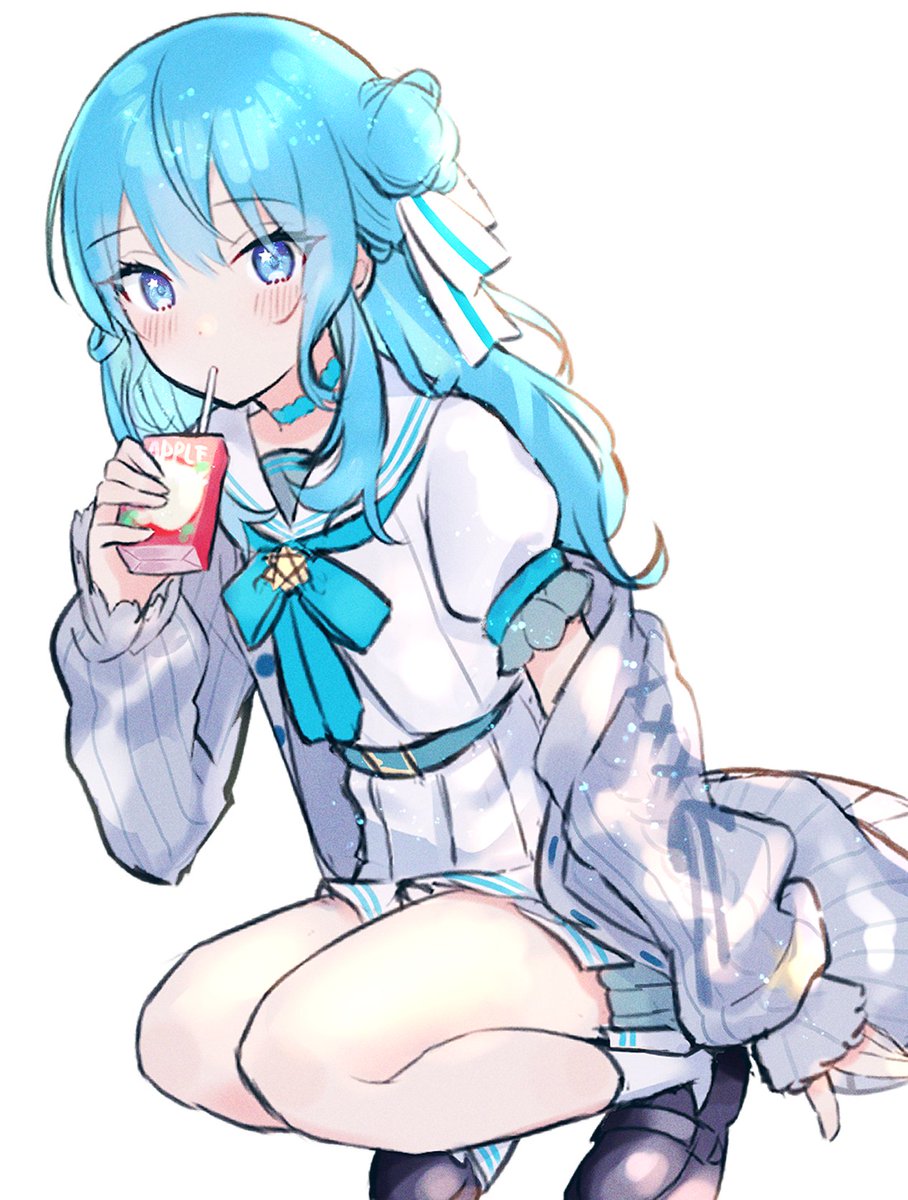 hoshimachi suisei 1girl solo juice box blue hair blue eyes squatting long hair  illustration images