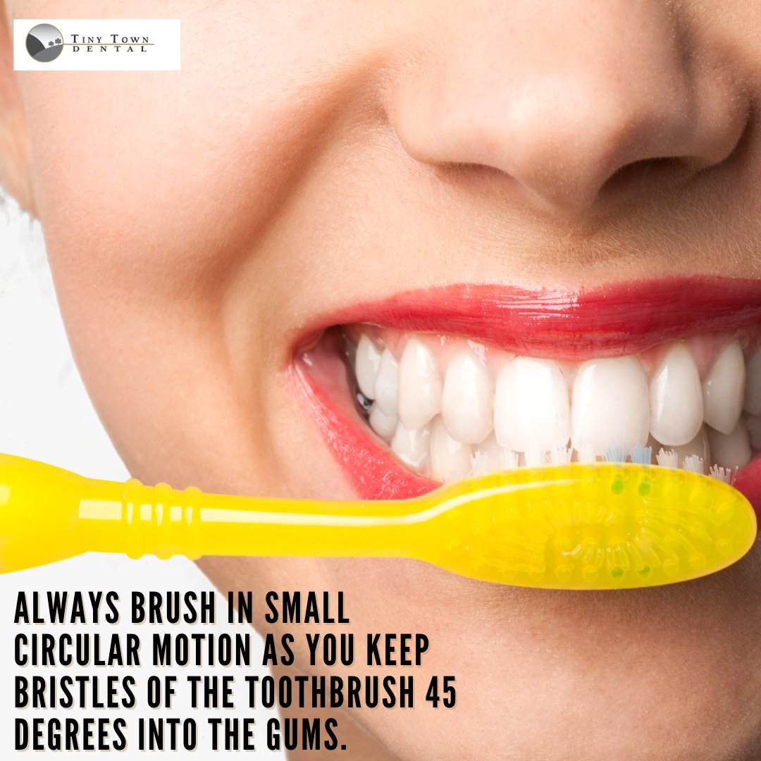 Always brush in a small circular motion as you keep bristles of the toothbrush 45 degrees into the gums.
#tinytowndentist #tinytowndental #oralhealth #dentist #FamilyDentist