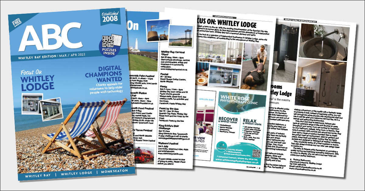 AbcMagazines's tweet photo. The Whitley Bay edition of ABC is out now with a focus on Whitley Lodge and an appeal for volunteers to help older people with technology. 
Read it online here: https://t.co/WMOeyBHmrA https://t.co/yxsCcuDPi8