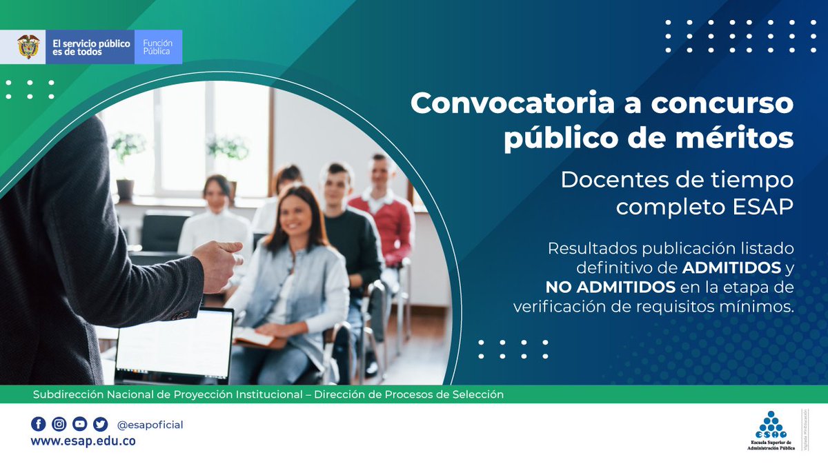 #ConvocatoriaESAP | Concurso Público de Méritos, para proveer  129 cargos de la planta de personal docente con dedicación de tiempo completo a nivel nacional. Conoce el reglamento para la selección:
🔗 Listado: bit.ly/3rmu1NY
🔗 Mayor información: bit.ly/3xnKIfO