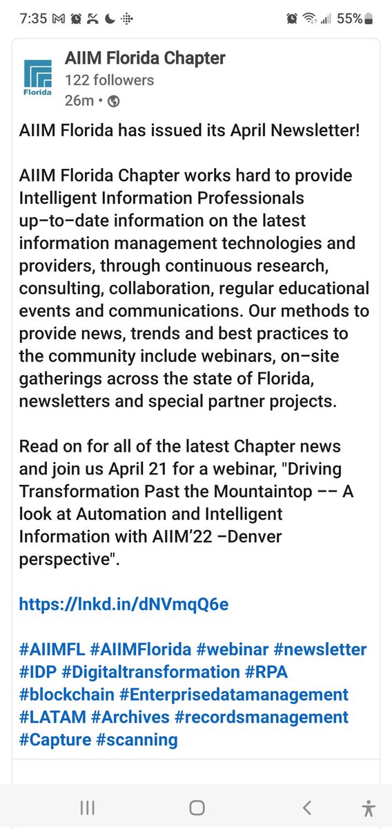 AiimFlorida's tweet photo. The @AiimFlorida April newsletter is out!!! Read on for the latest on our Chapter news and #events. https://t.co/LtdyshBTkt
#DigitalTransformation #RPA @AIIMIntl #IDP #EDM #intelligentInformation
#Aiim22 https://t.co/l5McBY993b