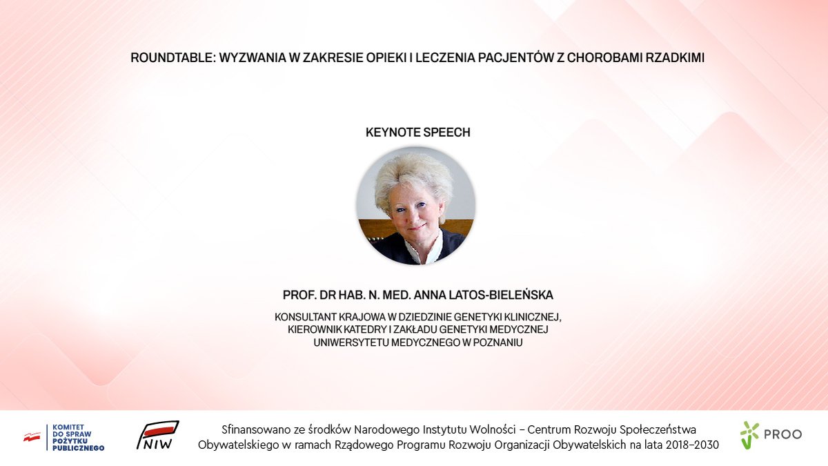 FKulskich's tweet photo. Keynote speech przed ostatnim panelem dot. wyzwań w zakresie opieki i leczenia pacjentów z chorobami rzadkimi wygłasza prof. dr hab. n. med. Anna Latos-Bieleńska.

Zapraszamy do oglądania transmisji konferencji! https://t.co/k2gIsnPkBP