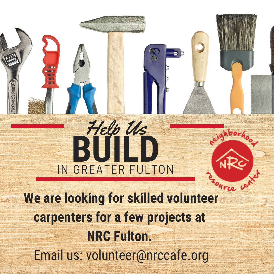 nrcfulton's tweet photo. Help us build in Greater Fulton: We are looking for skilled volunteer carpenters for a few projects at NRC Fulton. Please email us at volunteer@nrccafe.org if you're interested in helping. ⁠Alt-text: The text of the graphic is in this tweet.
⁠
#nrcfulton #carpentry #build⁠
⁠ https://t.co/PZ2LMarskq