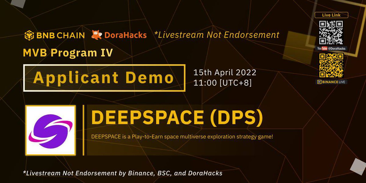 DeepSpaceDPS's tweet photo. As part of the @BNBCHAIN MVB IV Program #DEEPSPACE $DPS will be on @binance Live &amp; @DoraHacks YouTube Live this Friday! 

 #PlayToEarn #NFTGaming #BNB 🔥🚀 https://t.co/YzPeOa8TtJ