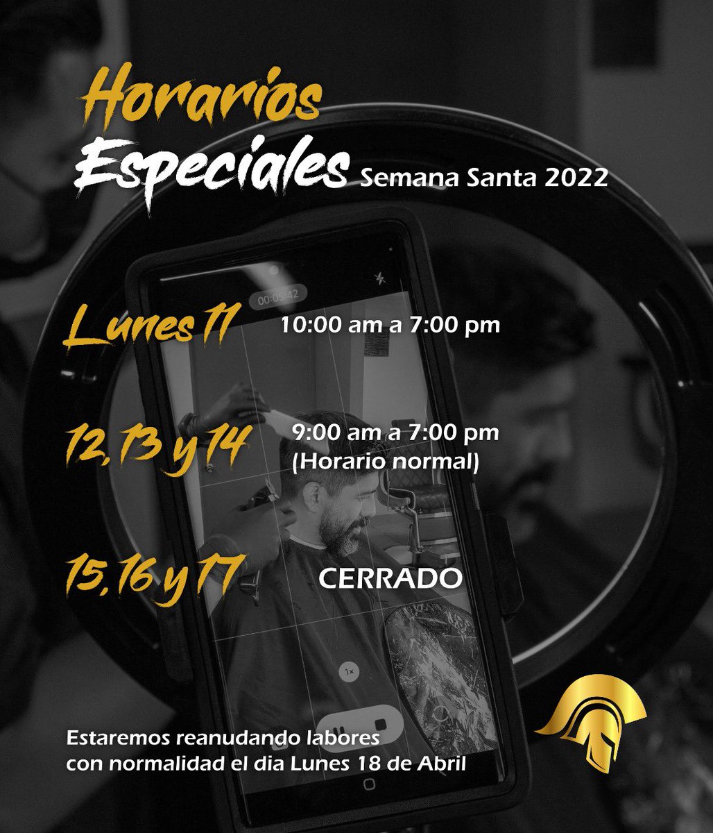 spartabarberlab's tweet photo. Hola Spartanos! Recuerden nuestros horarios para esta Semana Santa, haz tu cita y disfruta de tus vacaciones con estilo 😎 #comquereverything https://t.co/KJMFkdrRzN