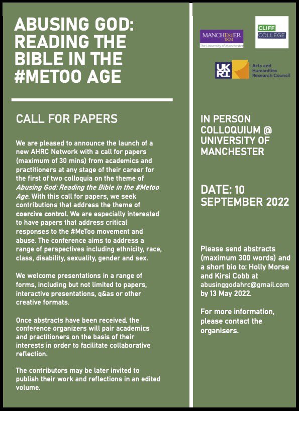 biblegenderandchurchresearchcentre (@bgc_research) on Twitter photo We’re pleased to announce a CFP for the 1st colloquium of AHRC funded project, Abusing God: Reading the Bible in the #MeToo Age @ Uni of Manchester in Sept. We’re looking for contributions from academics & practitioners. See CFP for info @hfmorse <a href="/CobbKirsi/">Kirsi Cobb</a> <a href="/abusinggodahrc/">abusinggod_ahrcnetwork</a> We’re pleased to announce a CFP for the 1st colloquium of AHRC funded project, Abusing God: Reading the Bible in the #MeToo Age @ Uni of Manchester in Sept. We’re looking for contributions from academics & practitioners. See CFP for info @hfmorse <a href="/CobbKirsi/">Kirsi Cobb</a> <a href="/abusinggodahrc/">abusinggod_ahrcnetwork</a>