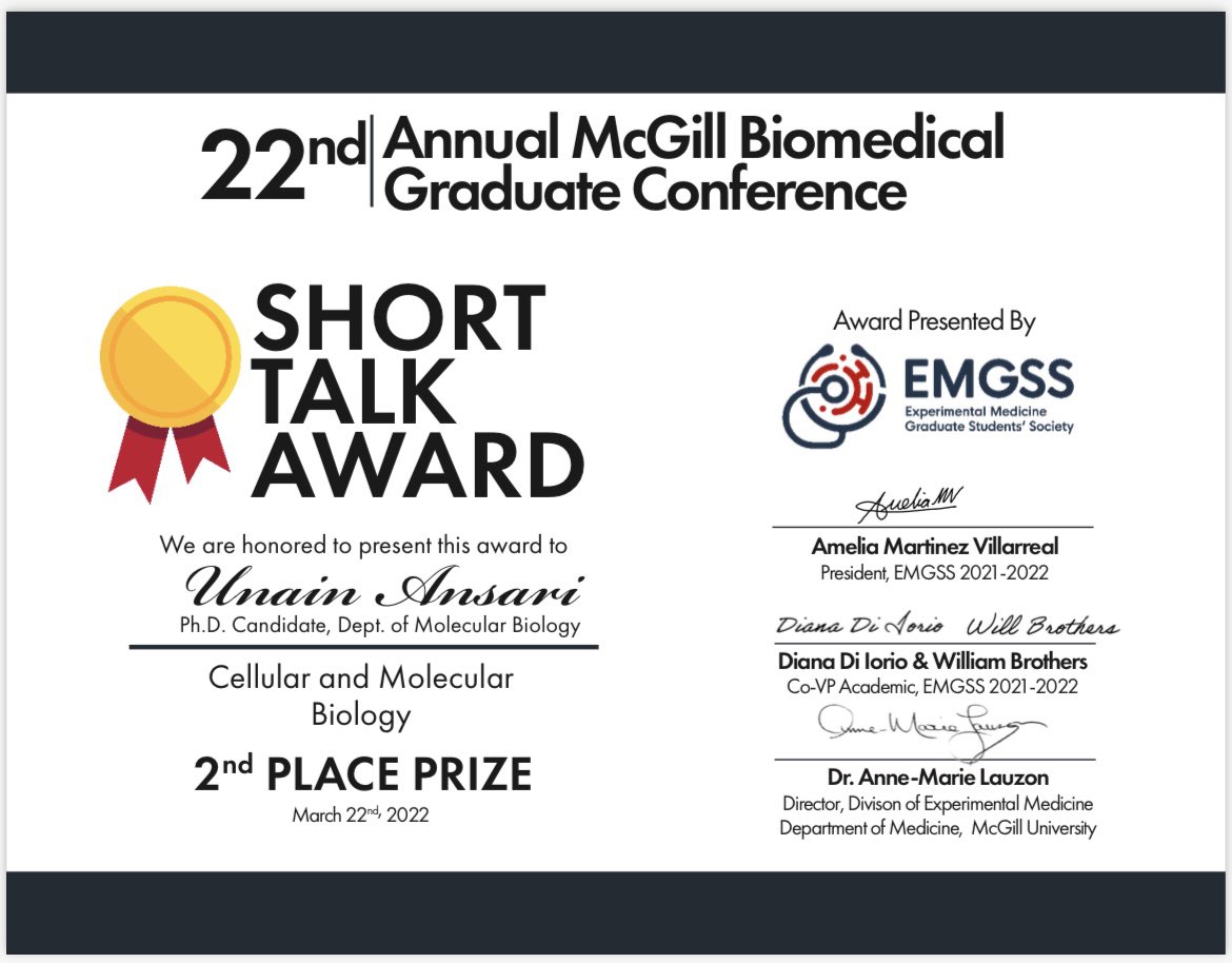 unain's tweet photo. I’d like to thank the organising committee of #AMBGC for the opportunity and the award. It’s an excellent example of a student initiative event for science communication! @McGillEMGSS #AMBGC2022 https://t.co/pBstmxYigd