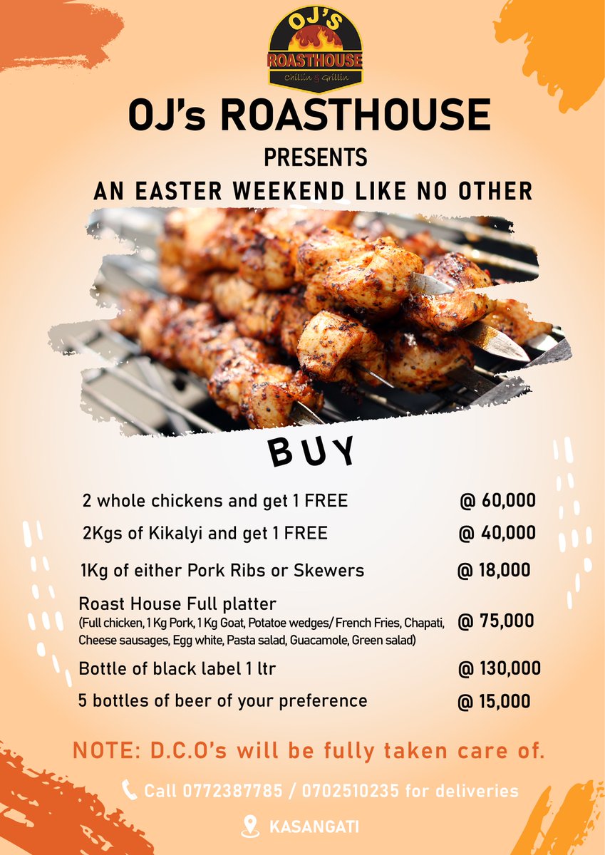 OjokGerald2's tweet photo. The long Easter Holiday is upon us, soon the fast will be done. Do not hesitate to reach out and place your orders. We can also deliver to you. Looking forward to serving you. Call and place in your orders. @RachelLanyero @Neniey_46 @The_RoastHouse https://t.co/7m0ogB3dFj