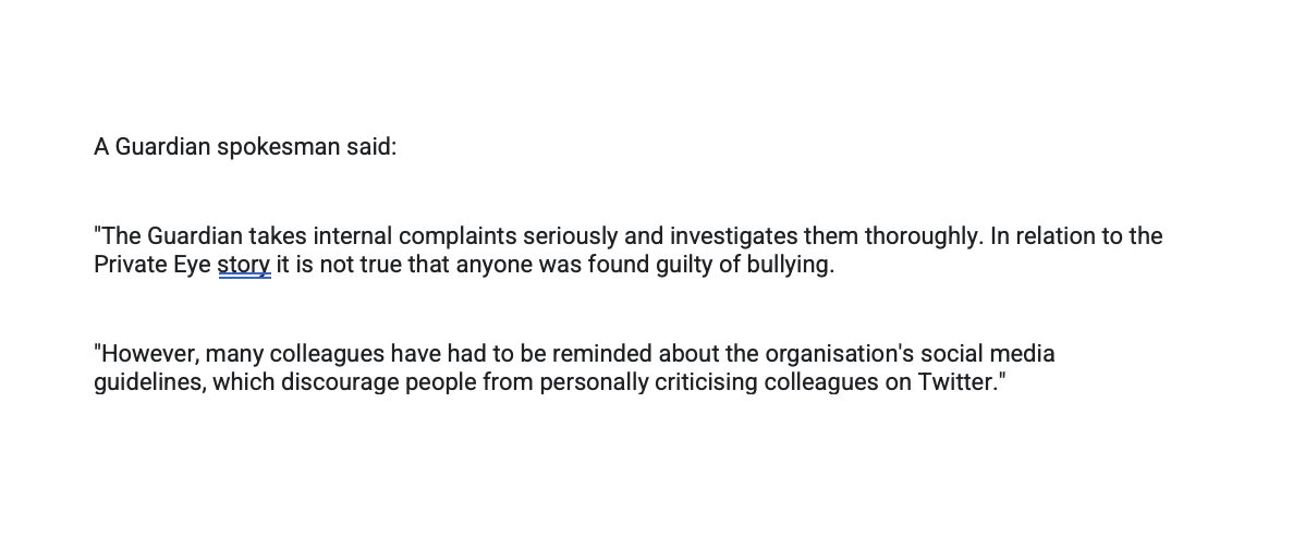 It is completely and utterly untrue that I was found guilty of bullying anyone at The Guardian.

Given how viral this horrendous false claim has gone, I'd appreciate it everyone shared this <a href="/guardian/">The Guardian</a> statement.