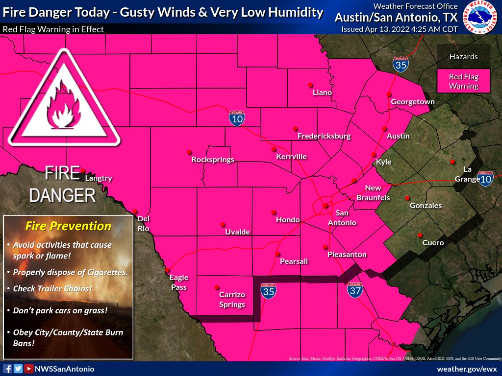 🚩RED FLAG WARNING 🚩
WED APR 13 10AM-8PM
🟧🔥VERY HIGH FIRE DANGER (4/5)

Burn ban remains in effect.

Breezy winds, low RH &amp; drought-stressed fuels.

⚡️Be cautious with any activity that causes a spark or flame!
☎️ Call 911 immediately if a wildfire is spotted! 
#txwx #TXFire