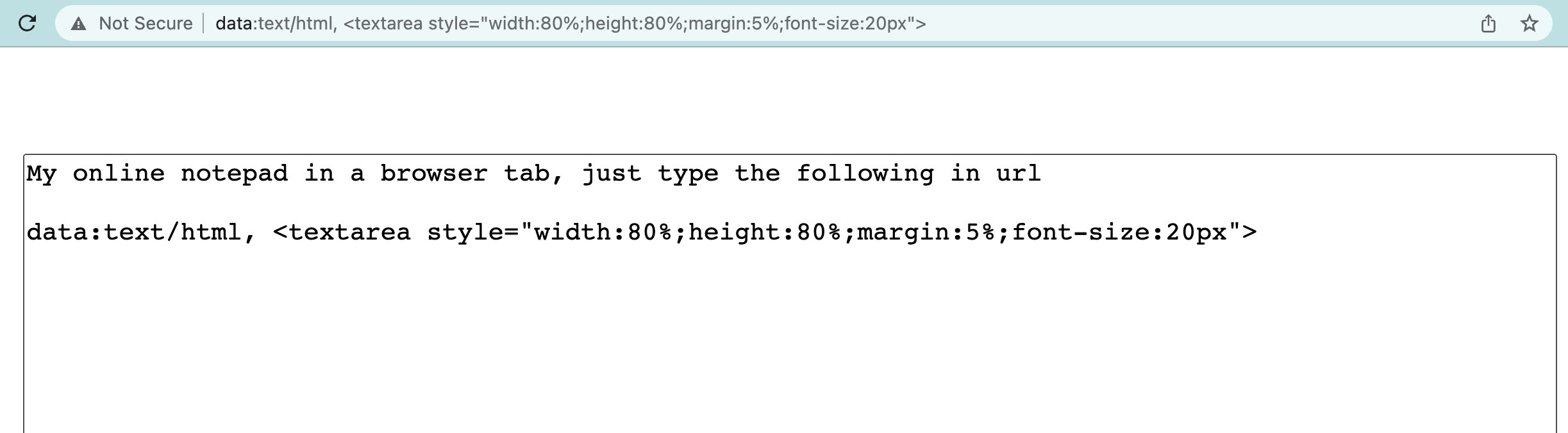 Rachit Jain Online Notepad In A Browser Tab Just Type The Following In Url And Hit Enter Data Text Html Lt Textarea Style Width 80 Height 80 Margin 5 Font Size px Gt Tips Tricks T Co 7potg7q1bt Twitter