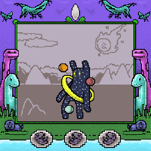 👀Fifth Sneak Peek 
       Rarities: 

👹Character: AstroBoy
🖼️Frame: Mesozoic
🎨Background: Dinosaurs say good-bye
🕹️Buttons: Triceratops
❤️Statistics: Hunger 2 | Sleep 30 | Happiness 29
🎶Original music: Interstellar
💎And More Stuff

#NFT #NFTCommunity #ETH #nftart #nftmusic