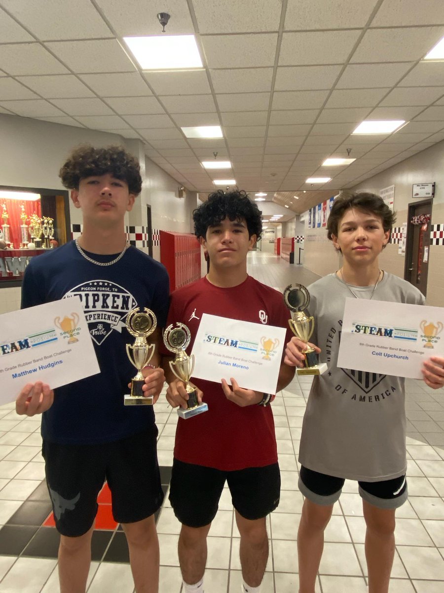 Princess6ft's tweet photo. These students were among many students that participated in the STEAMposium challenge!  These 3 amazing young men placed 2nd in the 8th grade Rubber Band Boat Challenge!  We are so proud of their hard work. Keep Soarin' Hawks!❤️🖤 @Hudson_Hawks @ambermhope https://t.co/SuDvTnDtHk