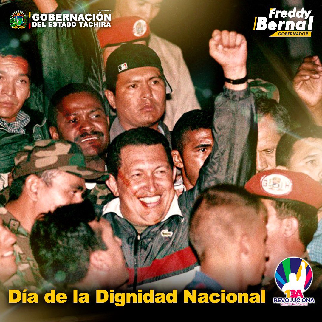Hoy #13Abr Conmemoramos el Día de la Dignidad Nacional, una fecha para recordar la valentía y determinación del pueblo venezolano que salió a las calles en defensa de Hugo Chávez. ¡Todo 11 tiene su 13! ¡Seguimos firmes y leales a ti Comandante!

#13ARevoluciona