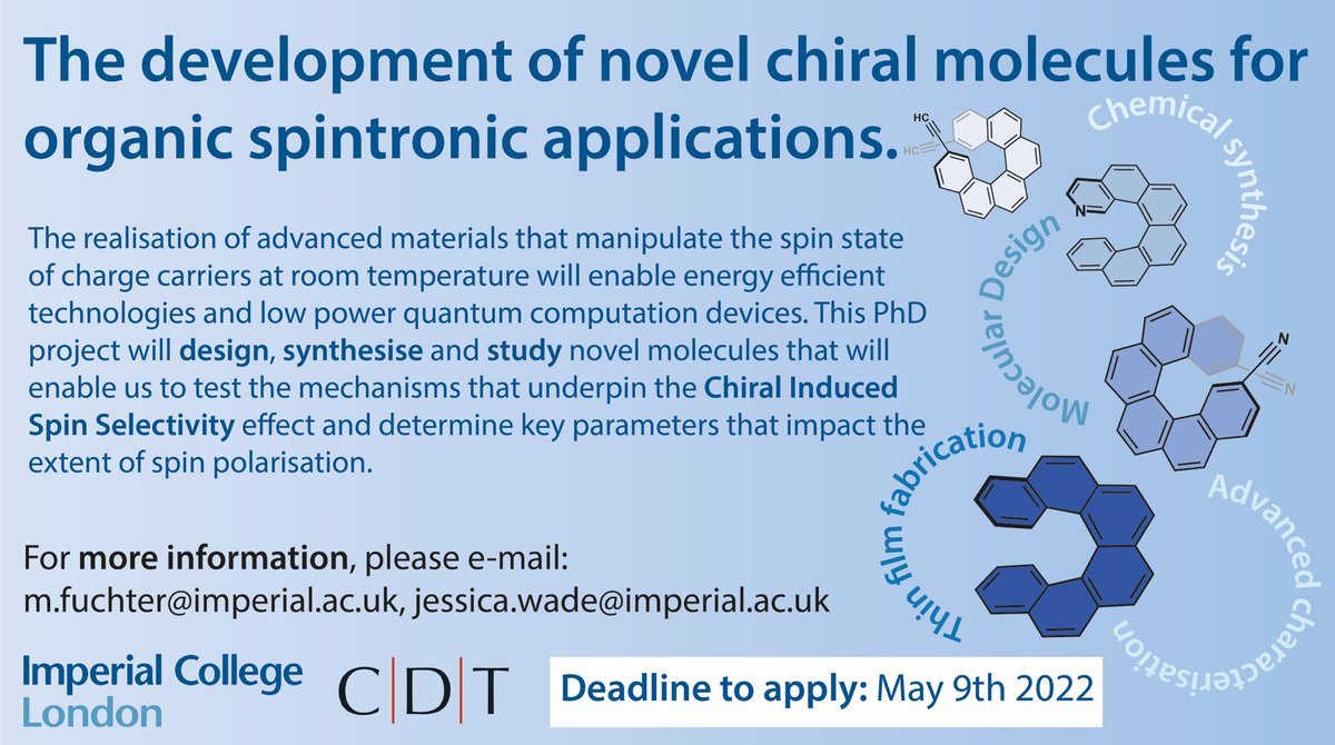 Dr Jess Wade liked it here once (@jesswade) on Twitter photo Come and join the chiral crew <a href="/imperialcollege/">Imperial College London</a>🌀! A fully-funded PhD project focussed on the synthesis and characterisation of chiral molecules for spintronic devices, co-supervised by Prof Matt Fuchter (<a href="/FuchterMatt/">Matthew Fuchter</a>) and ME (!) and Cambridge Display Technology. #ChemTwitter Come and join the chiral crew <a href="/imperialcollege/">Imperial College London</a>🌀! A fully-funded PhD project focussed on the synthesis and characterisation of chiral molecules for spintronic devices, co-supervised by Prof Matt Fuchter (<a href="/FuchterMatt/">Matthew Fuchter</a>) and ME (!) and Cambridge Display Technology. #ChemTwitter