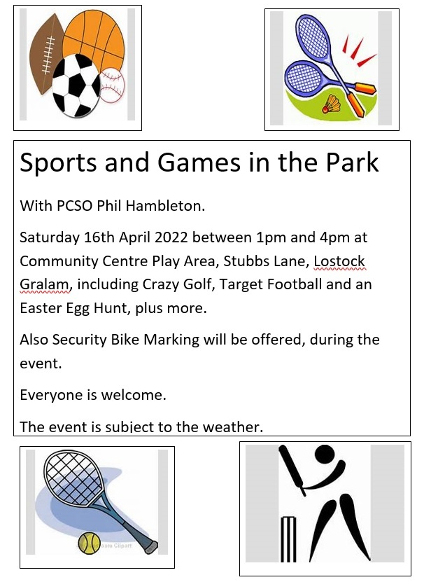 ShakerleyPol's tweet photo. This Saturday 16th April 2022 between 1pm and 4pm at the Community Centre Play Area, Stubbs Lane, Lostock Gralam, are are holding a free Sports in the Park sessions and bike Marking event. Everyone is welcome, The event is subject to the weather. https://t.co/hB4EoBxey3
