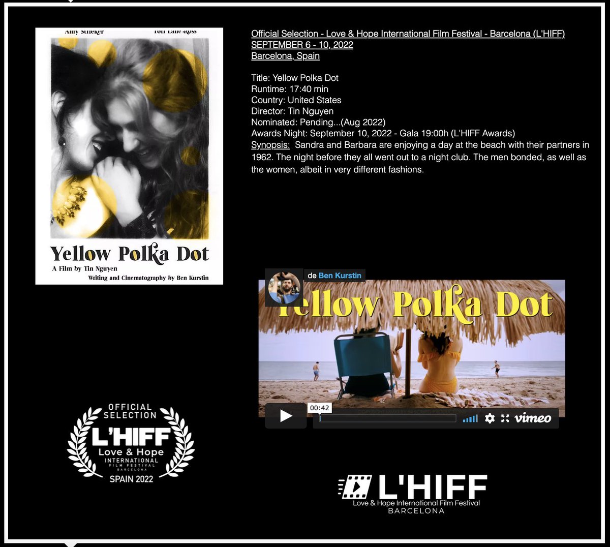 lhifilmfestival's tweet photo. Official Selection - Love &amp; Hope International Film Festival - Barcelona (L'HIFF) SEPTEMBER 6 - 10, 2022
Barcelona, Spain

Title: Yellow Polka Dot
Runtime: 17:40 min
Country: United States
Director: Tin Nguyen https://t.co/aP6AkEl3Zw