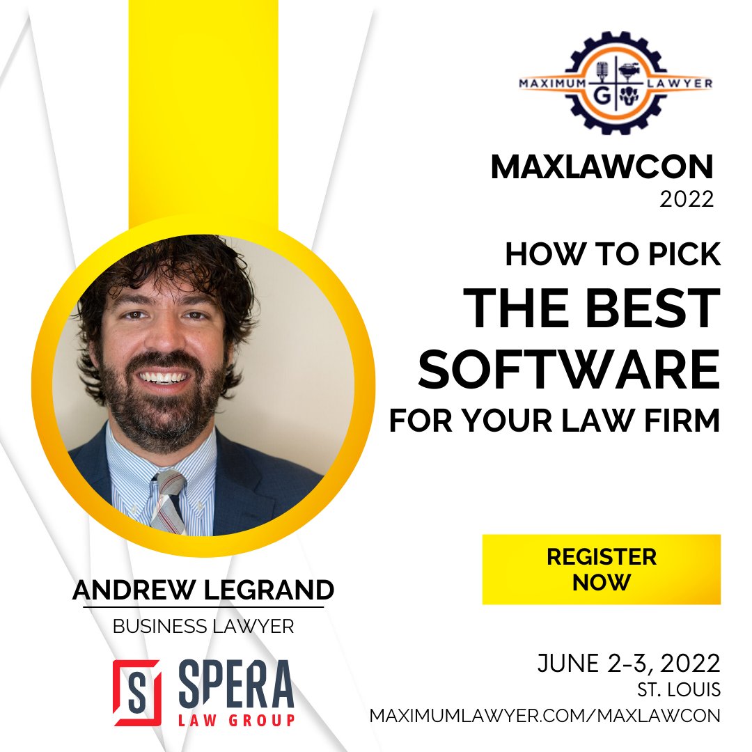 SperaLaw's tweet photo. Andrew is presenting at MaxLawCon this year! MaxLawCon, brought to you by Maximum Lawyer, is an annual conference for knowledgeable law firm owners and legal entrepreneurs around the world. Register today using the link in bio! https://t.co/TJ9LAsb65j