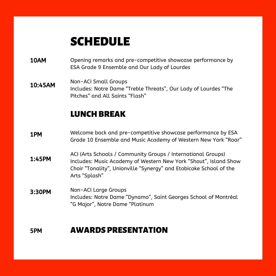 Our schedule for the 2022 Show Choir Canada Championships is now live! Swipe to see when your group is performing May 7th. #SCC2022
-
#showchoircanada #showchoir #show #choir #canada #glee #gleek #sing #dance #compete