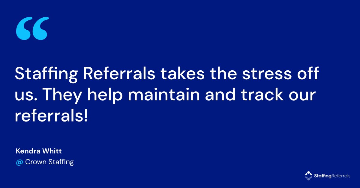 StaffReferrals's tweet image. “Staffing Referrals takes the stress off us. They help maintain and track our referrals!” #StaffingReferrals hubs.la/Q017YW2V0