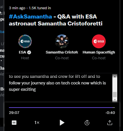 AshSpacemonds's tweet photo. Right at end of #AskSamantha broadcast - and sorry #notsorry @esa @AstroSamantha but the AI realtime transcription as you tried to mention her TikTok just, um, well... https://t.co/5Myh1fDvot