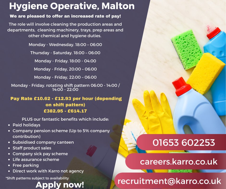 sofinafoodseuro's tweet photo. Our factory in #Malton is recruiting for Hygiene operatives.

Salary between £10.62 - £12.93 per week.

For more information please visit 
https://t.co/j9ib0Ydggu

#lifeatkarro #career #job #vacancy #foodprocessing #foodmanufacturing https://t.co/XDm6DGrjaj