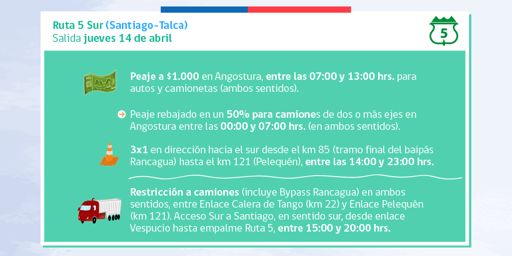 TTISantiago's tweet photo. ATENCIÓN a medidas en #Ruta68 y #Ruta5Sur que se implementarán desde este jueves 14/abril, debido a fin de semana largo de #SemanaSanta. Planifica tu viaje informado > https://t.co/F8Jl4mCj75 #TuVidaImporta #MovámonosSeguros https://t.co/kkRJz8H8dq
