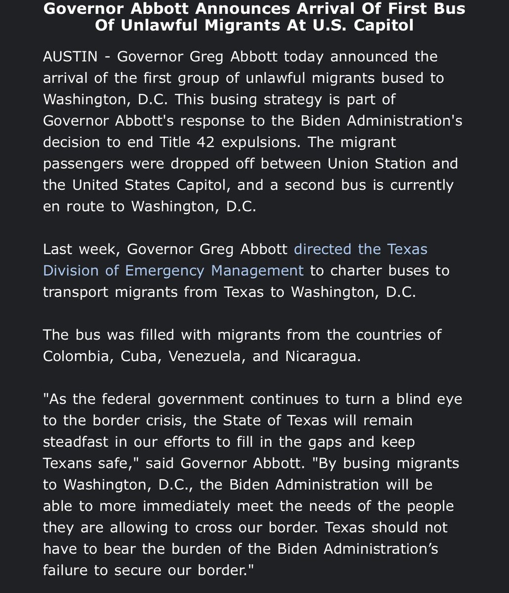 Gov. Abbott announces the first group of migrants transported from Texas to DC arrived today. The state-sponsored transportation is part of Abbott’s response to CDC lifting Title 42 next month.