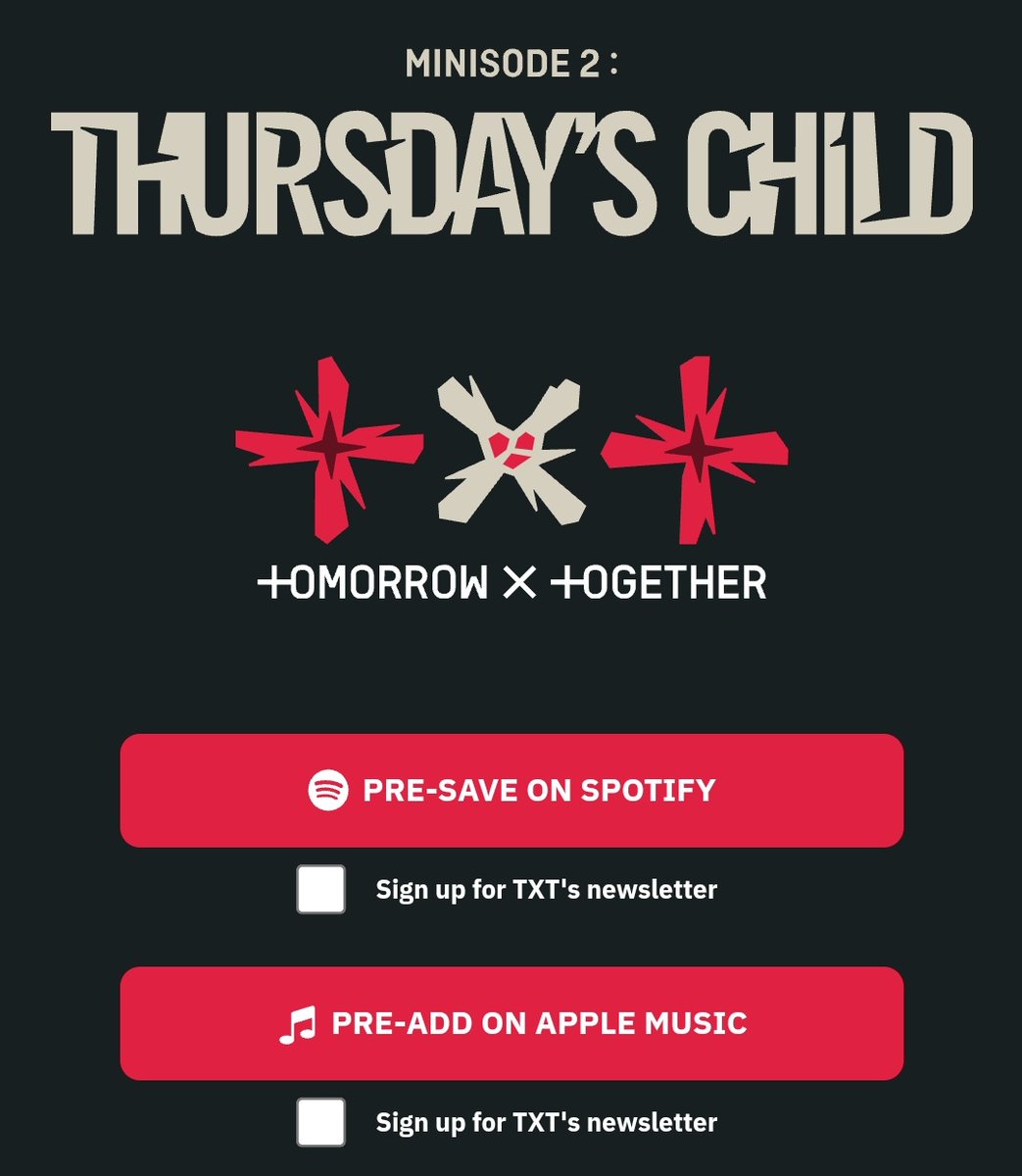 txt_book's tweet photo. minisode2: Thursday's Child 

Pre-save and pre-add now!
👉 https://t.co/CwIeoSgih9

#minisode2 #Thursdays_Child
TXT MAY09 COMEBACK
#TOMORROW_X_TOGETHER
@TXT_members @TXT_bighit https://t.co/VTvjizgtSX
