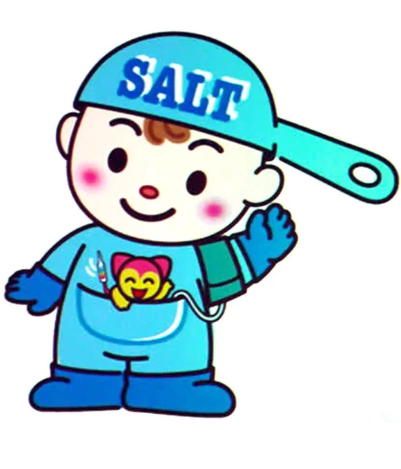 Yoshio-kun wears a blood pressure cuff on his arm and a salt measuring spoon on his head-He's the mascot for the Japanese Society of Hypertension. 