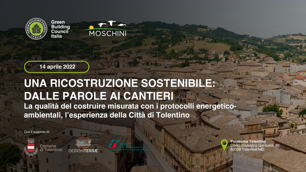 Domani a partire dalle ore 9:30 dal teatro Politeama Tolentino, si terrà l’evento: “Una ricostruzione sostenibile: dalle parole ai cantieri”.

🔴 Segui la diretta sulla pagina Facebook di GBC Italia: facebook.com/GBCItalia/

➡ Scarica il programma: bit.ly/3DFeQEo