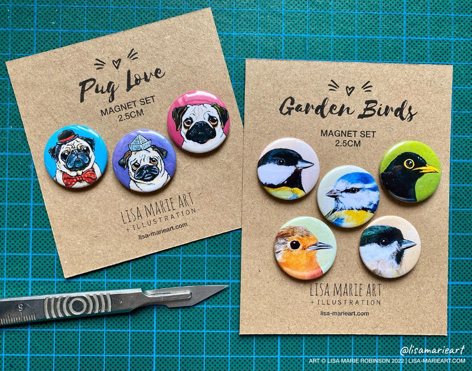 Sneak peek at some new mini fridge magnet sets which will be landing in my Etsy shop soon. Garden birds &amp; pugs! Hoping they'll be for sale before the Easter weekend. Only 4 of each set so be quick to nab yours once they go live. Keep them peepers peeled!😉