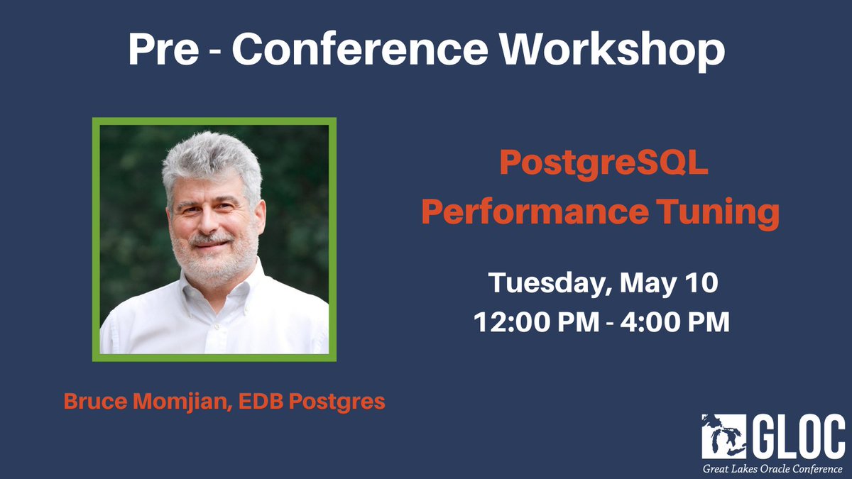 New to #gloccle, PostgreSQL Performance Tuning Pre-Conference Workshop on May 10 with Bruce Momjian. This talk is designed for advanced PostgreSQL users who want to maximize PostgreSQL performance. Learn more gloc.neooug.org/page/1985920/w… #PostgreSQL #cleveland #technology #conference