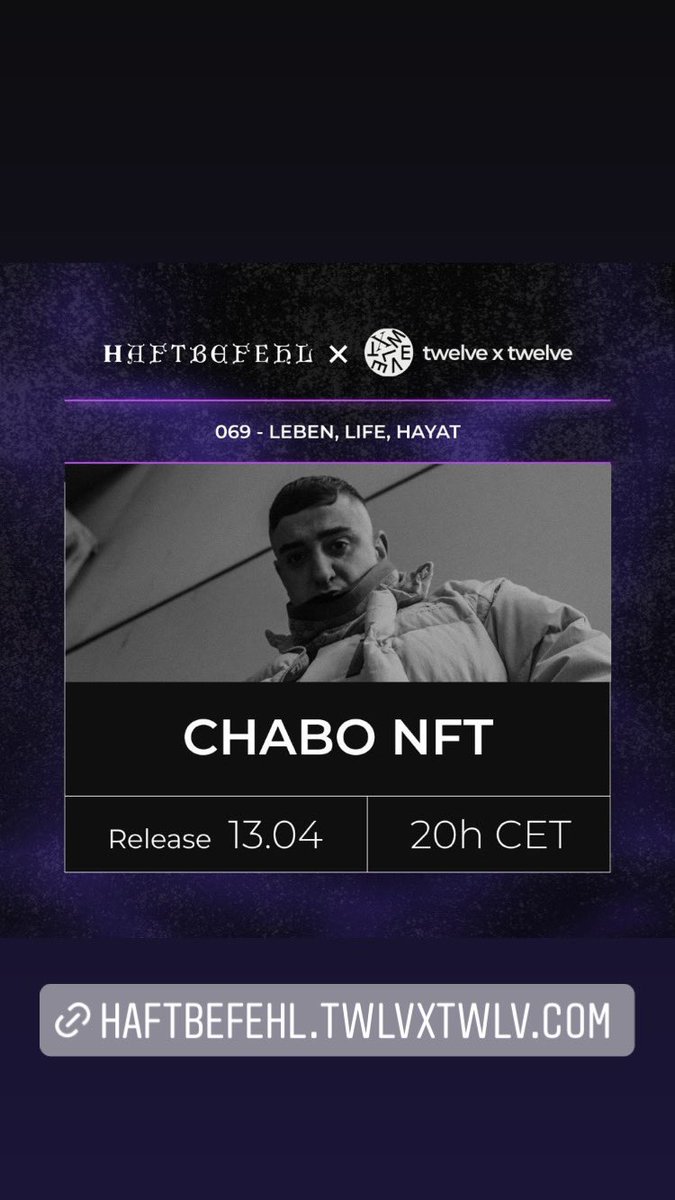 #CHABO + #NFTplatform <a href="/_twelvextwelve/">twelvebytwelve.eth</a> are shaping the future of music! <a href="/haftoffiziell/">kasia</a> #NFT DROPS TODAY🎶🔥🎧

Kicking off the“069 – LEBEN, LIFE, HAYAT” campaign, with artworks from #CarlosGarcia, limited artist’s fashion collection: haftbefehl.twlvxtwlv.com

👉🏽CHECK IT OUT!!