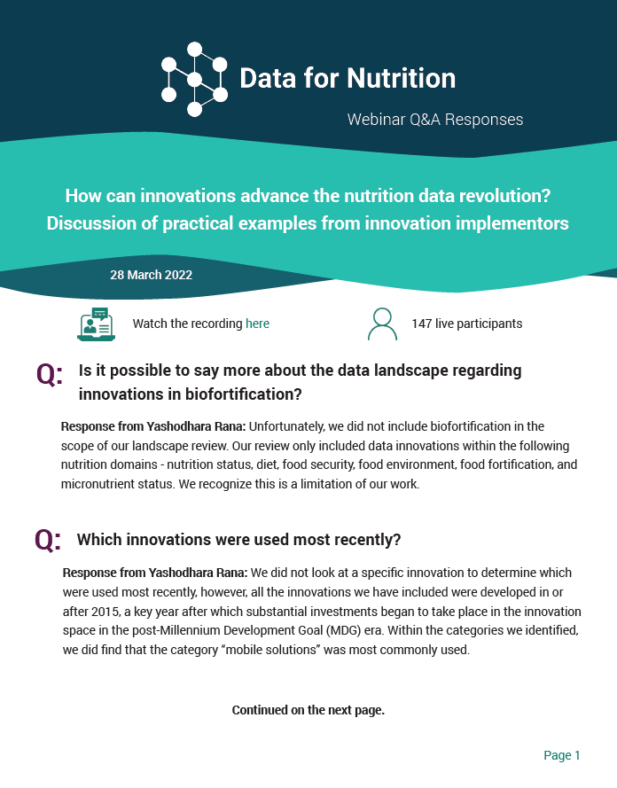 Data4Nutrition's tweet photo. New Q&amp;A Summary available! Visit the community of practice for the slides and Q&amp;A summary from our most recent webinar "How can innovations advance the nutrition data revolution? Discussion of practical examples from innovation implementors" 🔗➡️https://t.co/bZacm3QdoH https://t.co/07SSPQC1jt