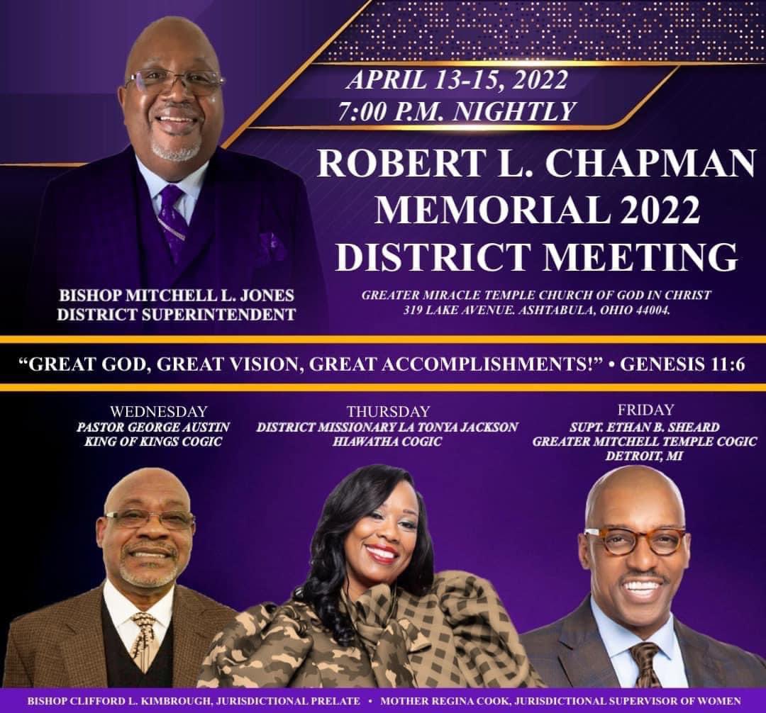 GreaterMTCOGIC's tweet photo. The celebration begins tonight! All roads lead to the Robert L. Chapman Memorial District for our 2022 District Meeting - 7 PM Nightly.

Also join us Sunday, April 17, 2022 @ 11 AM for our Resurrection Service and 4 PM for the Church Dedication! 📍 319 Lake Avenue. Ashtabula, OH https://t.co/Y0qvRgFTJb