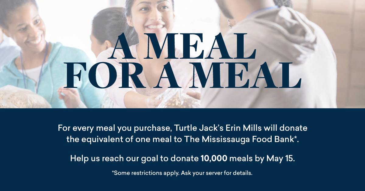MBOTOntario's tweet photo. Turtle Jack's Erin Mills, Mississauga just launched ‘A Meal for A Meal’ where they are donating funds to @Food_Bank to provide food for one meal for every meal sold at the restaurant. Visit Turtle Jack’s Erin Mills to help them reach their goal!
#TurtleJacks #MississaugaFoodBank https://t.co/ja35zHEyFm
