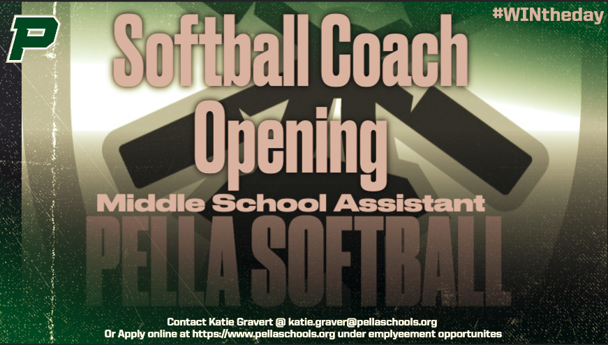 PellaSoftball's tweet photo. We have an OPENING!!!! Middle School Assistant! Contact Katie Gravert- katie.gravert@pellaschools.org or apply online- https://t.co/zZ35c6J7yl https://t.co/vQquxrAOOF