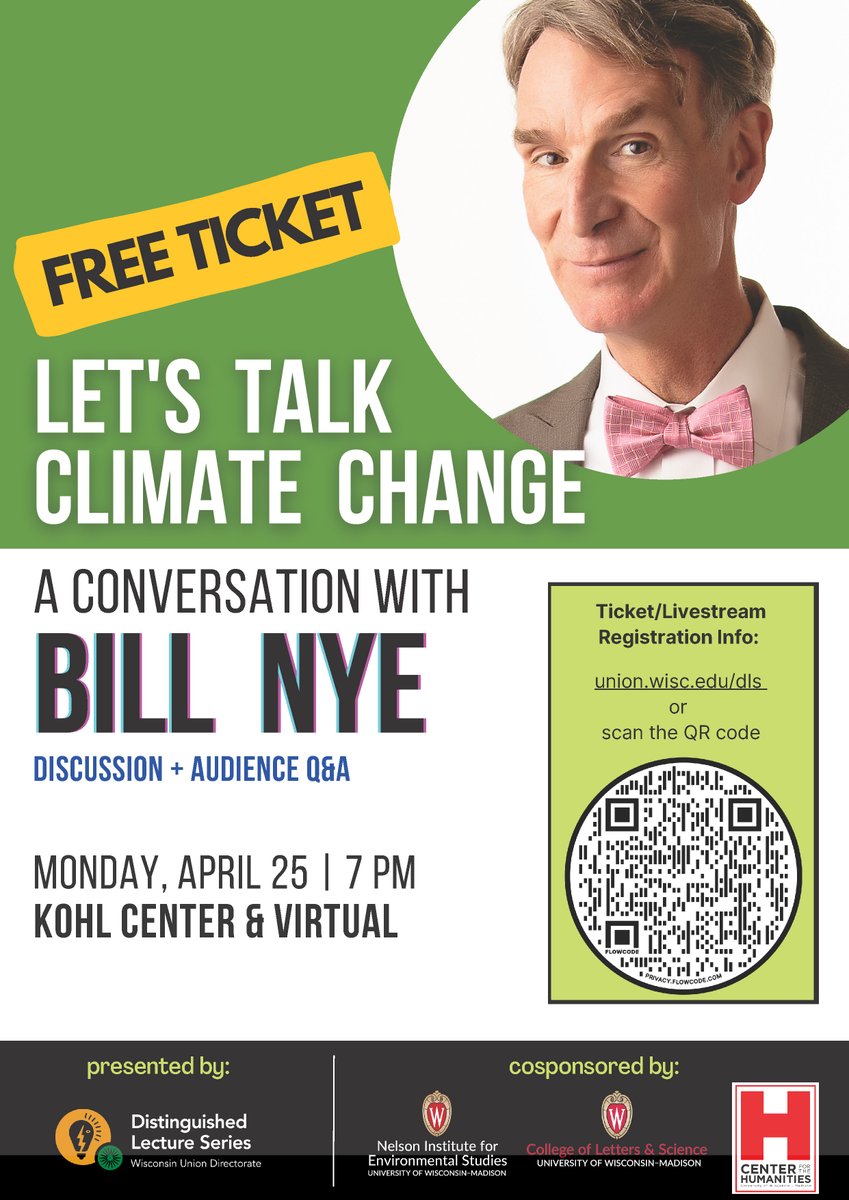 Join a conversation with Bill Nye at the Kohl Center on Mon, 4/25, at 7pm. In-person tickets are sold out, but you can register to access the livestream: ow.ly/eCqc50II7bf