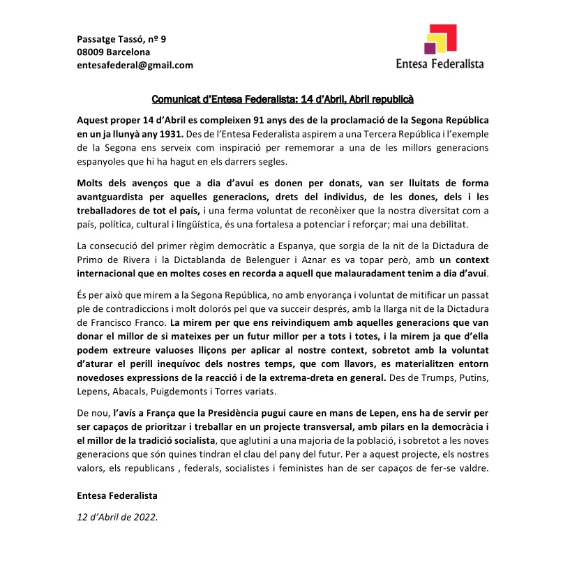 Comunicat de <a href="/EntesaFederal/">Entesa Federalista</a> : #14Abril #AbrilRepublicà. Podeu llegir-ho aquí mateix 👇🎉❤️💛💜