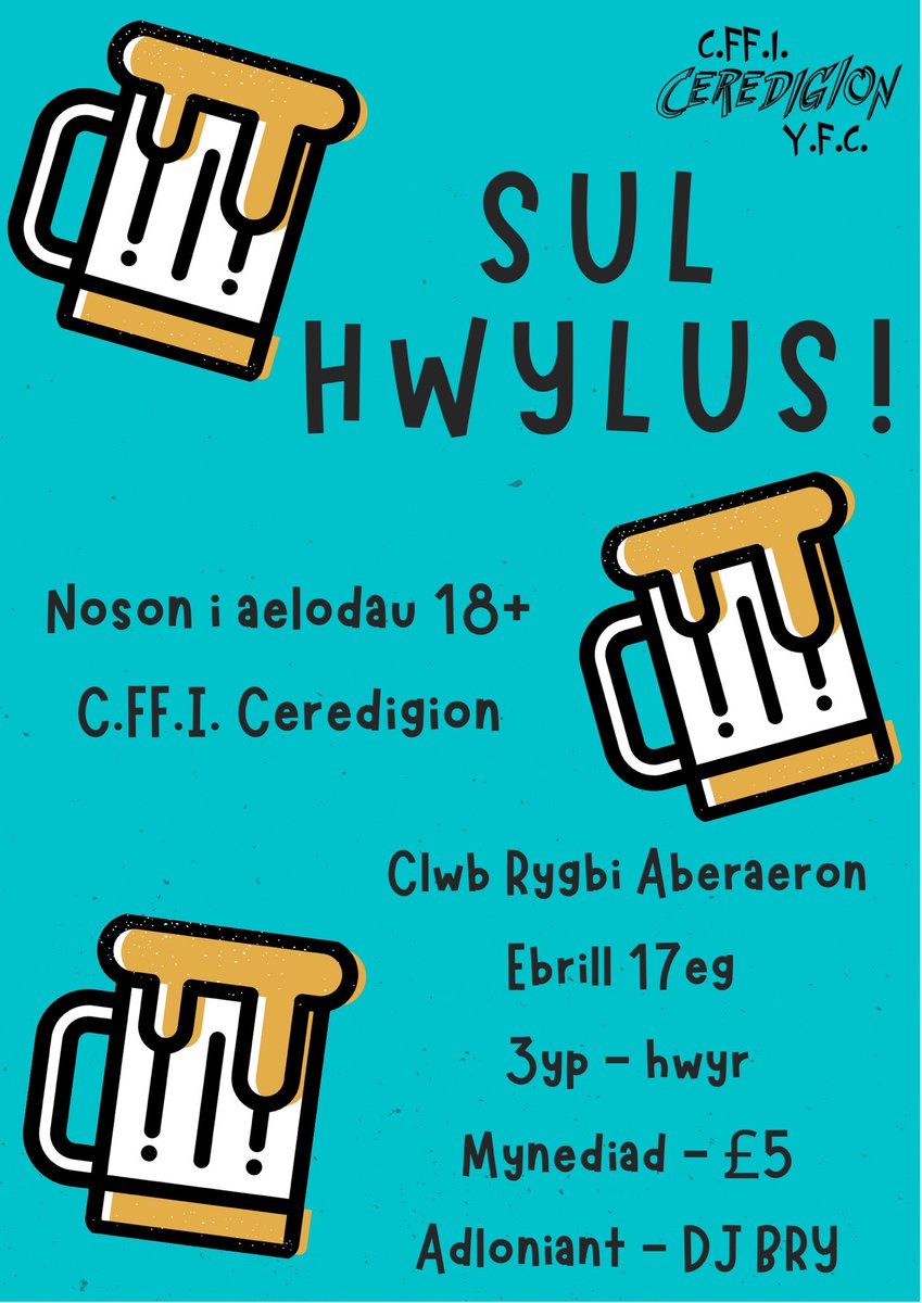 ☀️🍻SUL HWYLUS🍻☀️

📍Clwb Rygbi Aberaeron
🗓 Dydd Sul YMA (17/4/22)
⏰ 3y.p. tan hwyr

💸mynediad yn £5

🎶🎤 Adloniant: DJ Bry 

*Aelodau 18+ yn unig*

🎶Eisiau clywed cân penodol? Nodwch isod yn y ‘comments’ beth hoffech glywed ddydd Sul⬇️