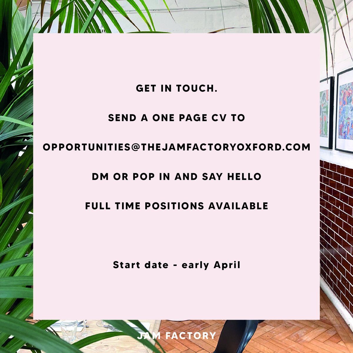 We are hiring!

We are looking for friendly restaurant and bar staff.
Pop in and say hello with a one page CV
Full time positions available / part time also considered