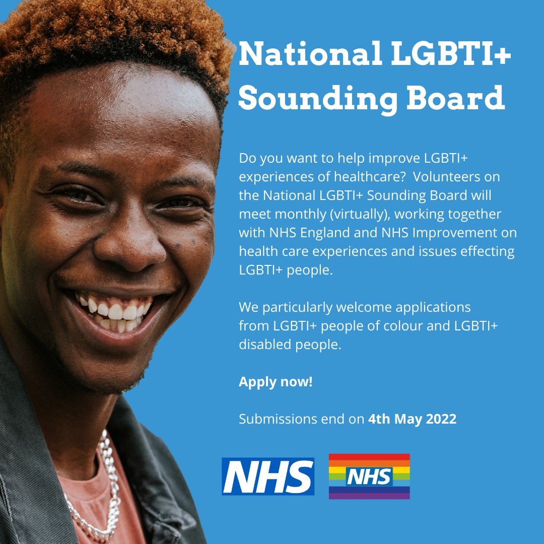 We have extended the deadline!

If you are an LGBTI+ person, join the online National LGBTI+ Sounding Board.
Help the NHS learn from your experiences.
Apply by 4 May 2022
Email: nhs.soundingboard@lgbt.foundation
Call or Text: 0771 608 5273
lgbt.foundation/news/lgbti-exp…