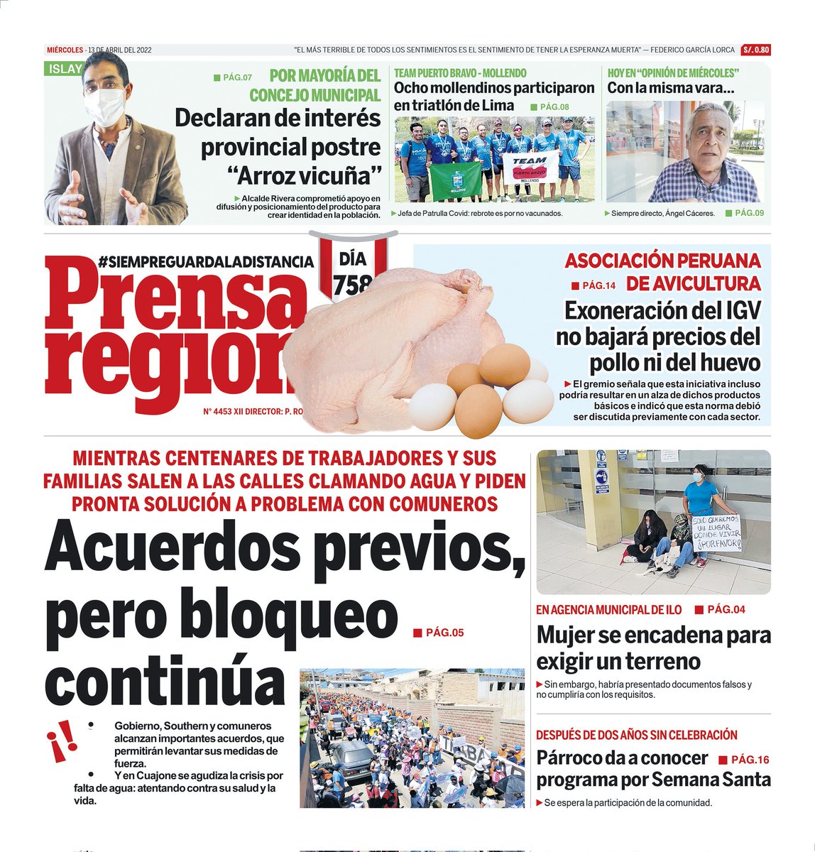 prensaregional_'s tweet photo. La Prensa Regional – Miércoles 13 de abril de 2022. Edición impresa #Moquegua, #Ilo, #Mollendo, #Islay, #Arequipa, #LoUltimo #Cuajone #Tumilaca #Pocata #Coscore #Tala Más información en https://t.co/udMPco2vHo https://t.co/MPQjDCLaSM