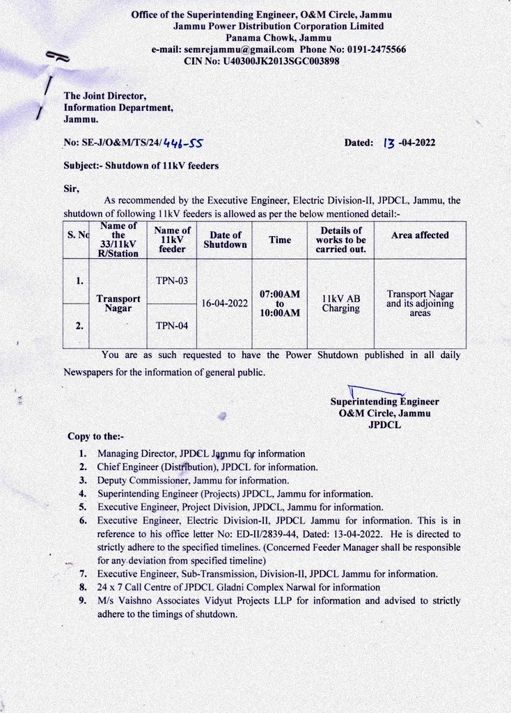 SE (O & M) Circle Jammu JPDCL tweet media